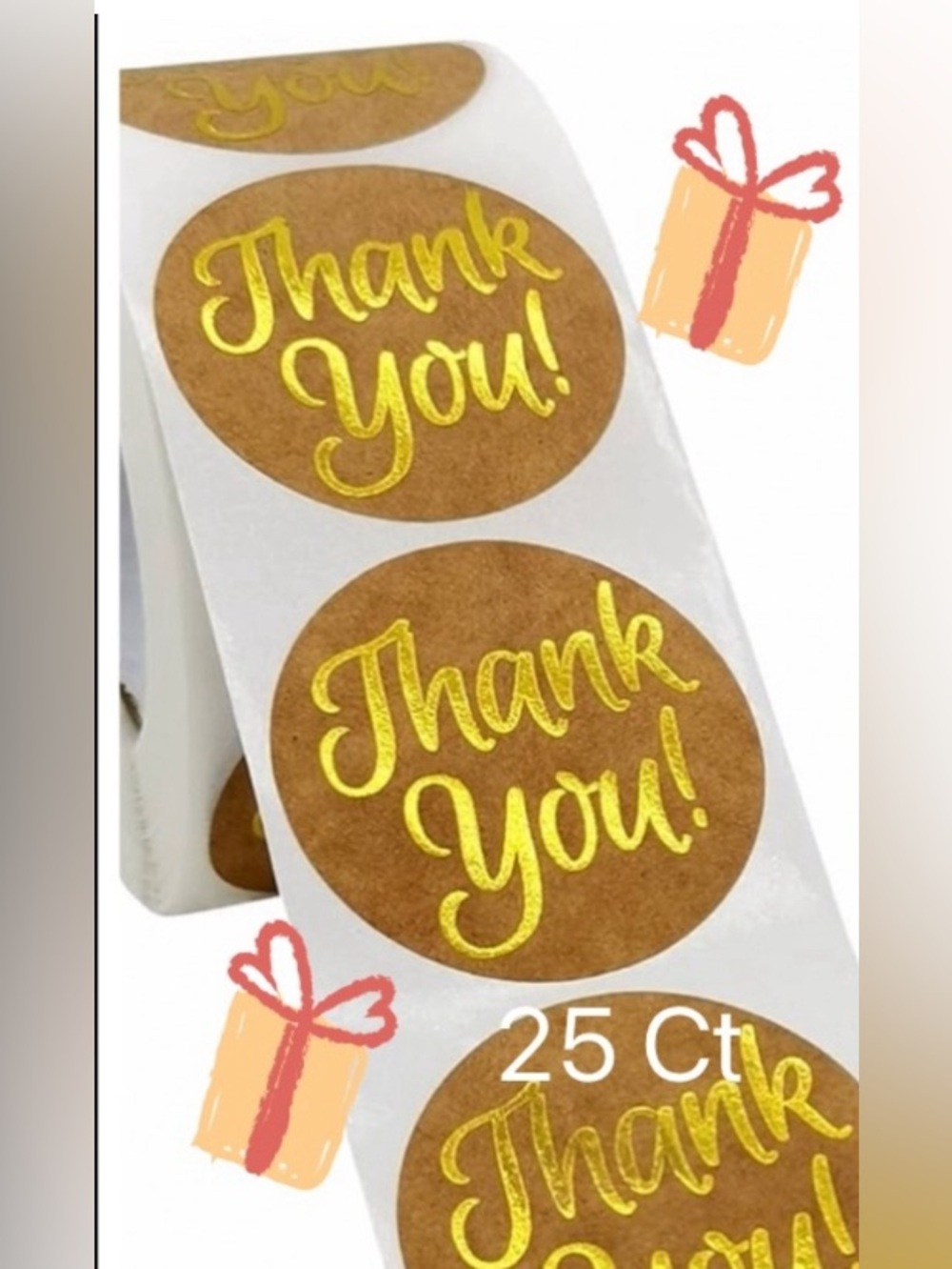 Gold Script "Thank You" Kraft Round Stickers- 
25  Ct